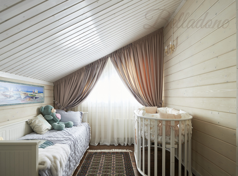 Оформление 2 этажа коттеджа из бруса римскими и современными шторами, КП 