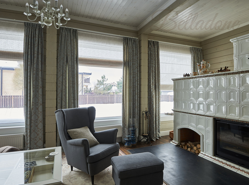 Оформление 1 этажа коттеджа из бруса шторами, КП 